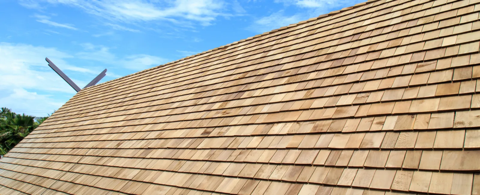 Wooden shingle roof under a partly cloudy blue sky with green foliage in the background.