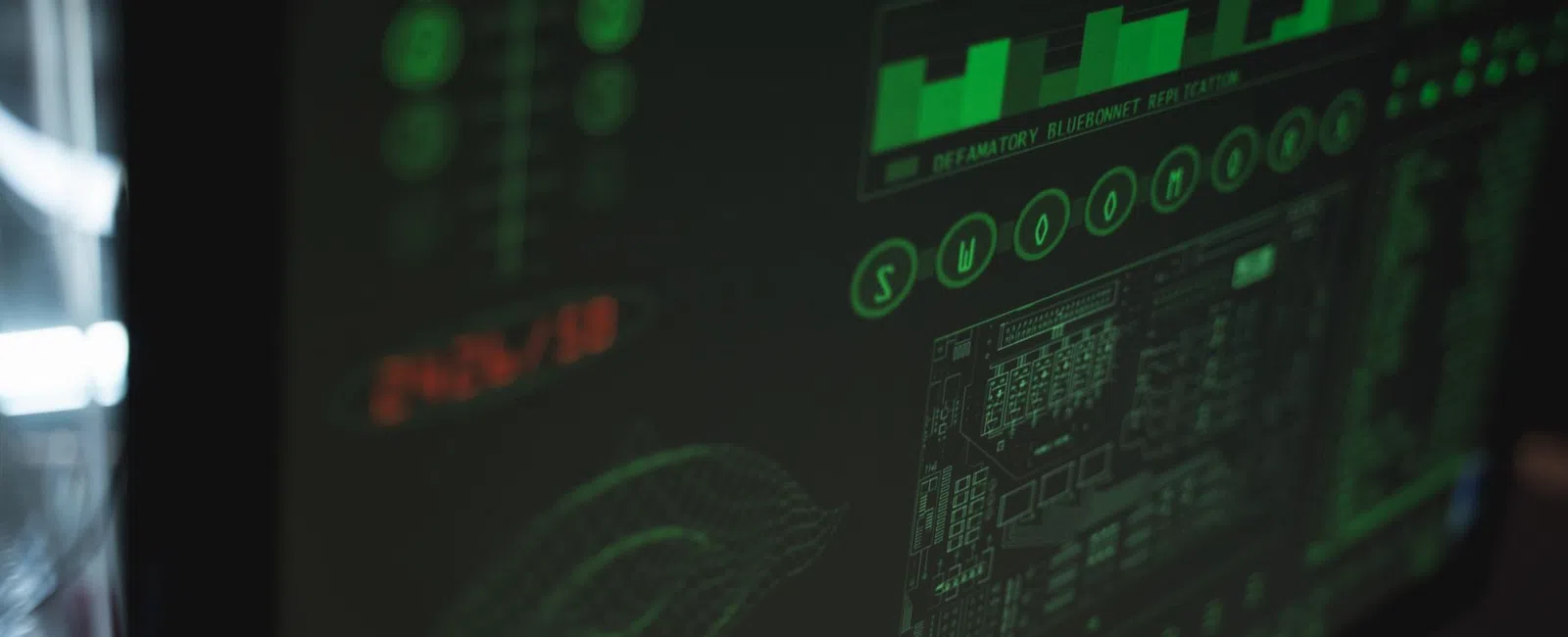 Close-up of a digital screen displaying green data graphs, charts, and system information with sci-fi style interface.
