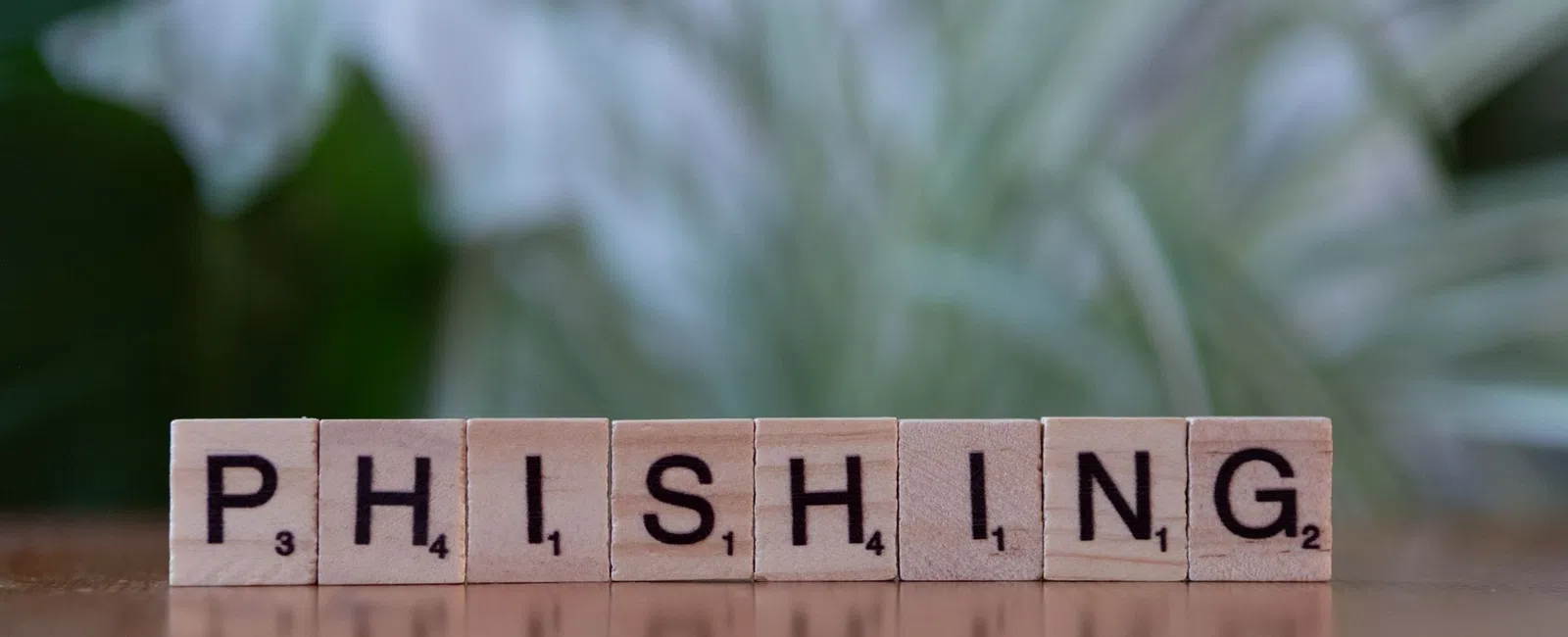 Scrabble tiles spelling phishing on a reflective surface with blurred green and white background.
