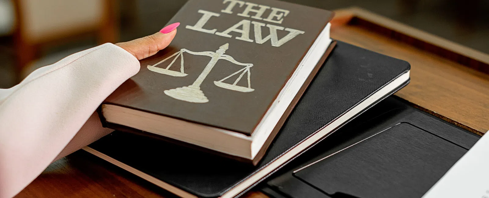 Person holding a book titled The Law with a scales of justice symbol on top of a desk with papers and a notebook.