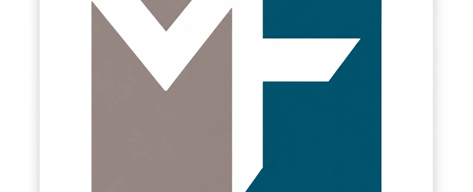 Minimalist logo with stylized letters M and F in taupe and teal on white rounded square background