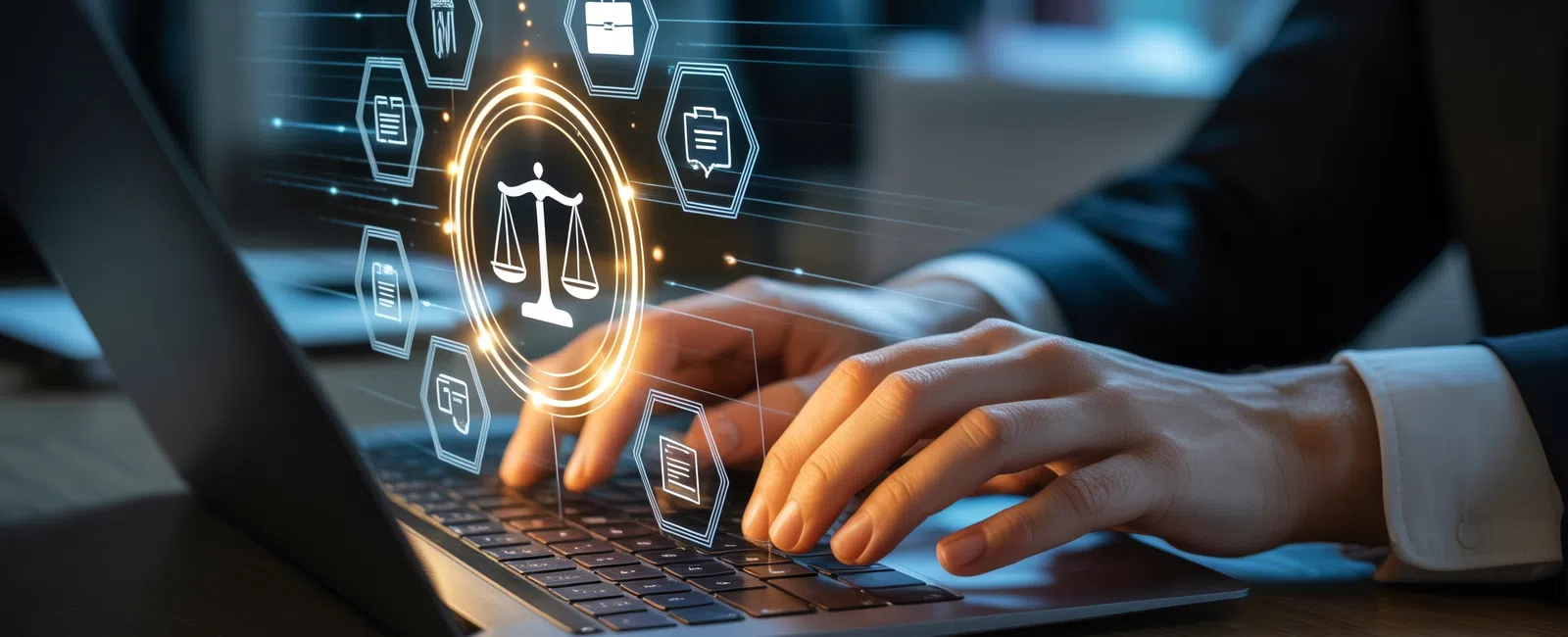 Hands typing on laptop keyboard with digital legal justice scales and law-related icons hologram interface
