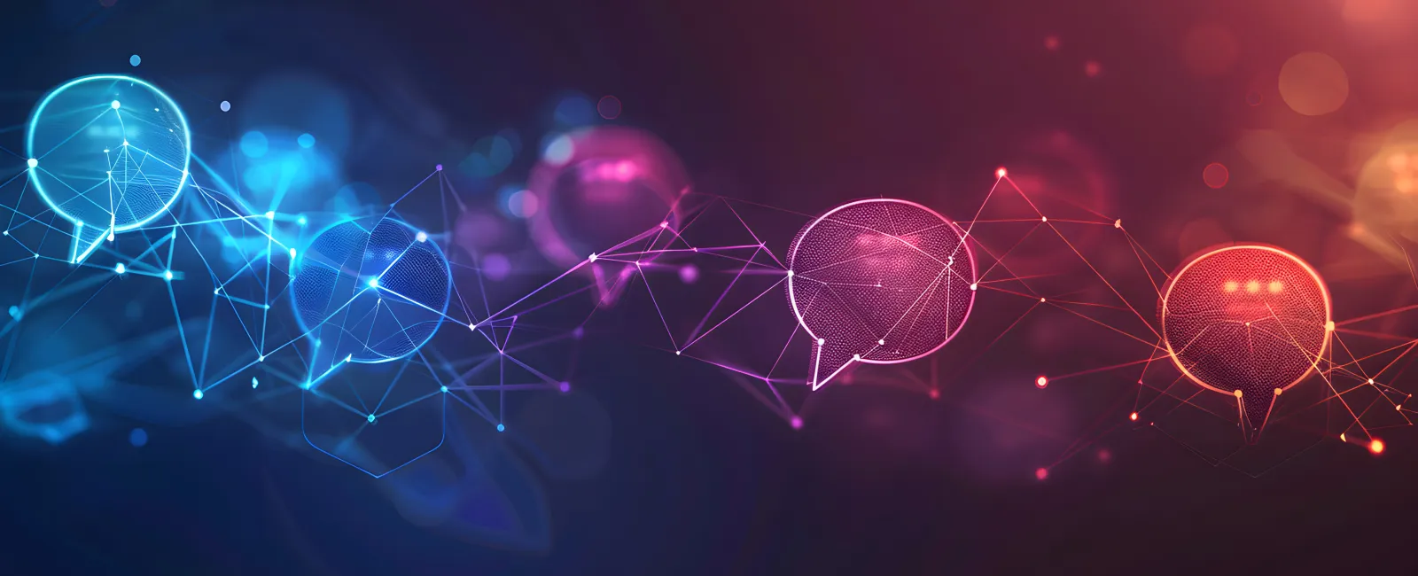 Digital blue and red chat bubbles connected by glowing lines representing online communication technology.