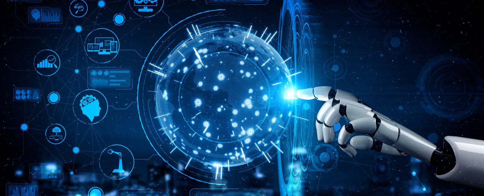 Robot hand interacting with a glowing digital globe surrounded by technology and data icons in blue high-tech style.