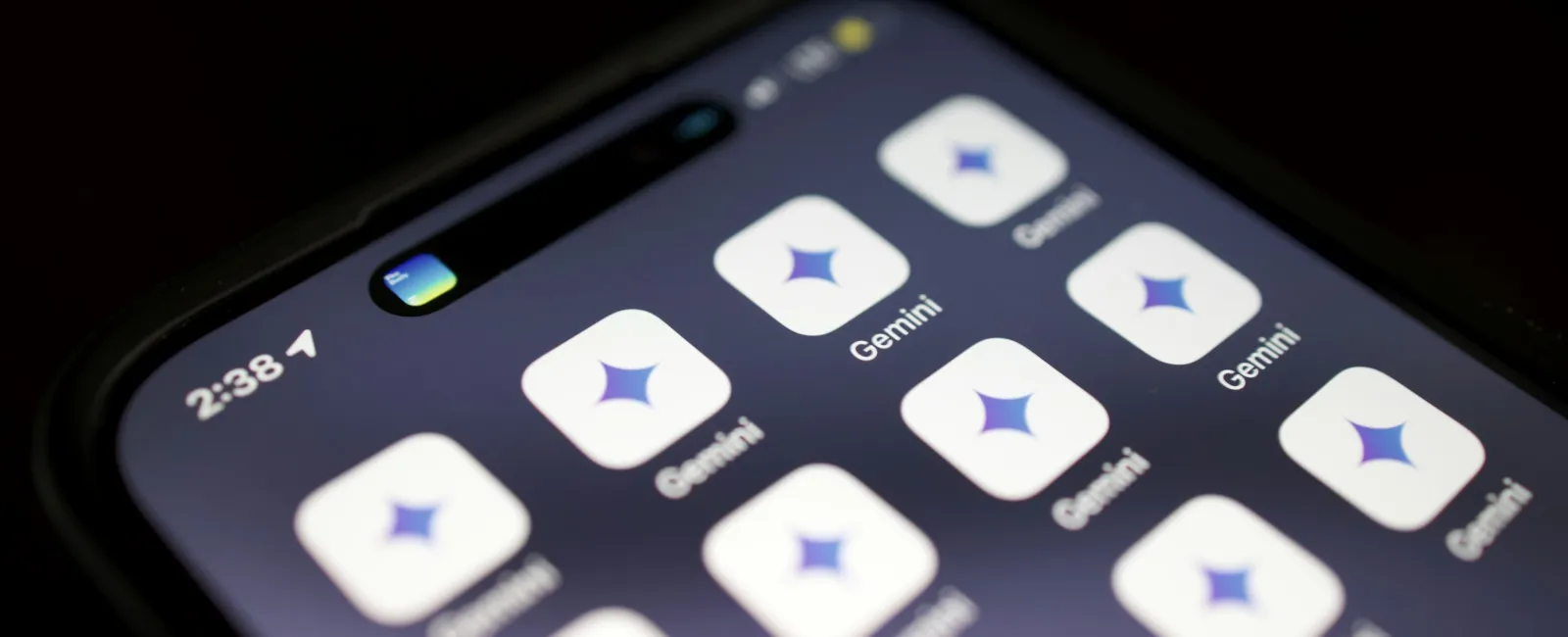 Smartphone screen displaying multiple Gemini app icons on a dark background in a grid layout.