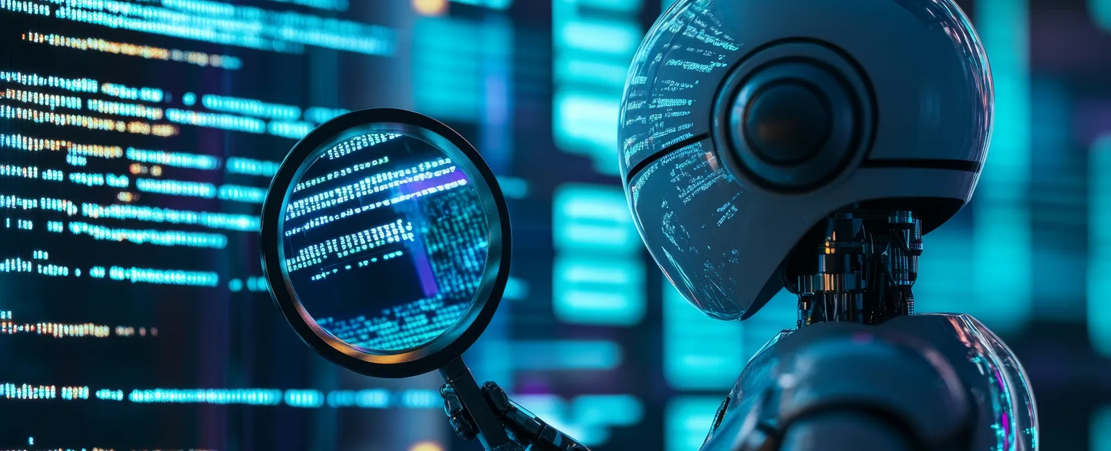 Robot holding a magnifying glass examining digital code on a glowing futuristic screen in a high-tech environment