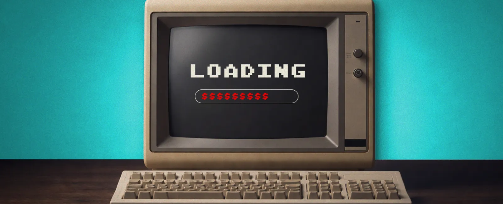 Retro computer with loading screen showing dollar signs inside progress bar on a teal background.