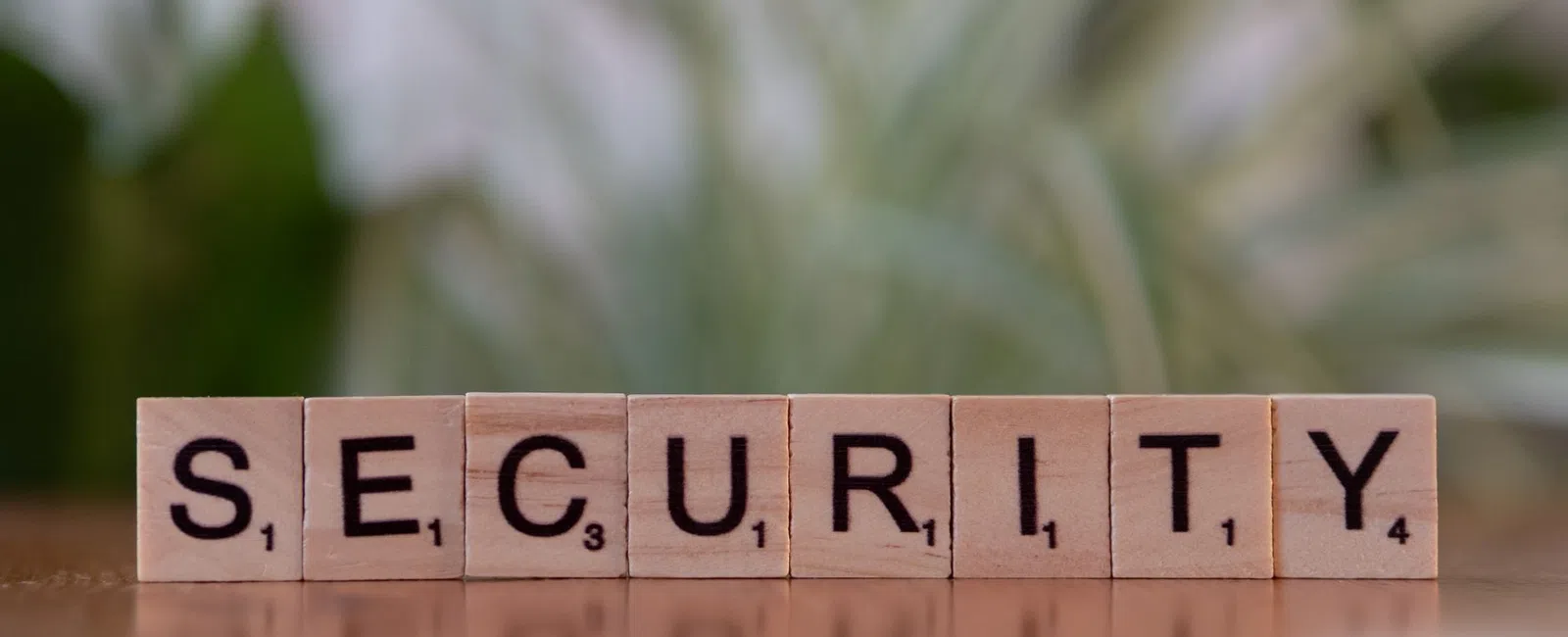 Wooden Scrabble tiles spell out the word SECURITY on a reflective surface with blurred greenery background.