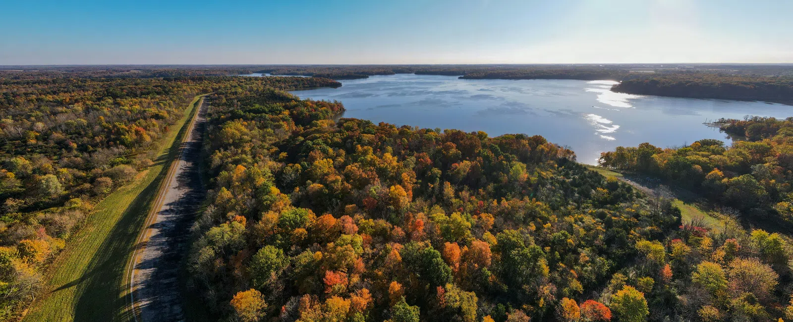 Aerial view of a forest with autumn colors near a large lake under a clear blue sky with the sun shining