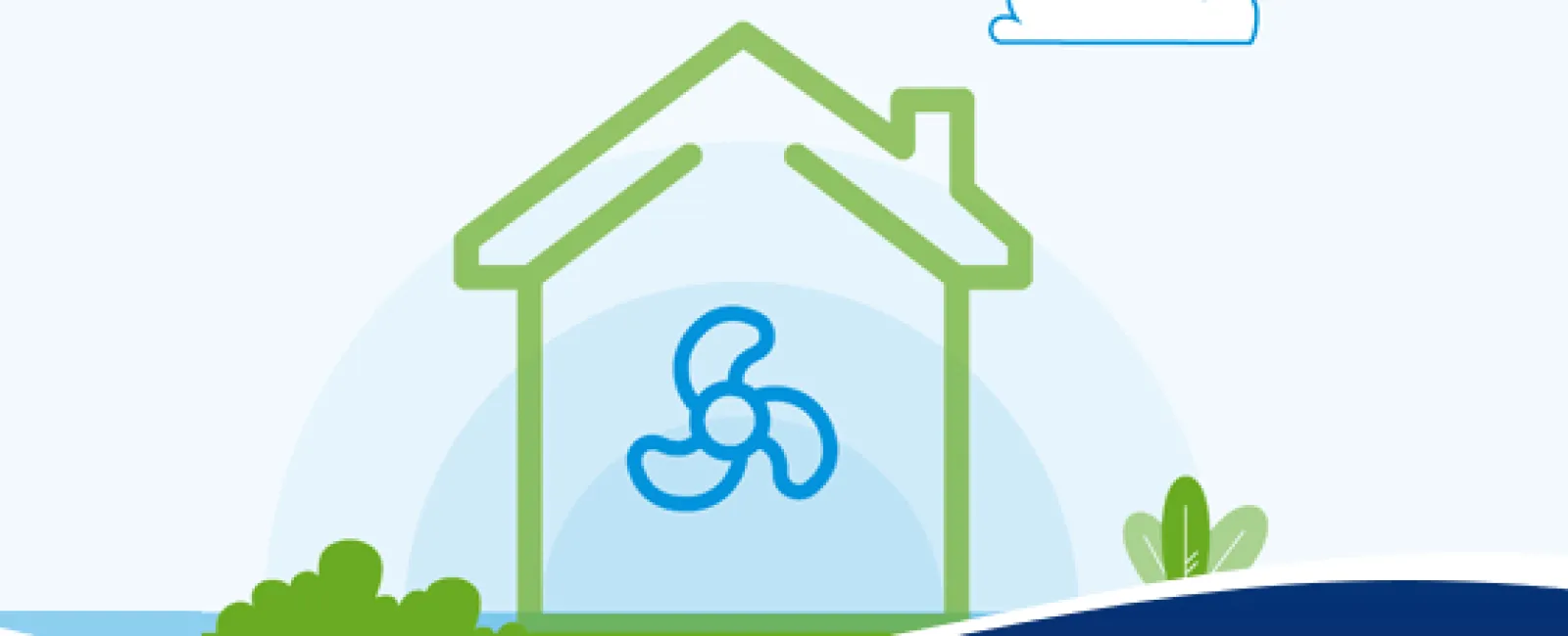 Stylized illustration of a house with a fan and greenery, representing ventilation and eco-friendly design.
