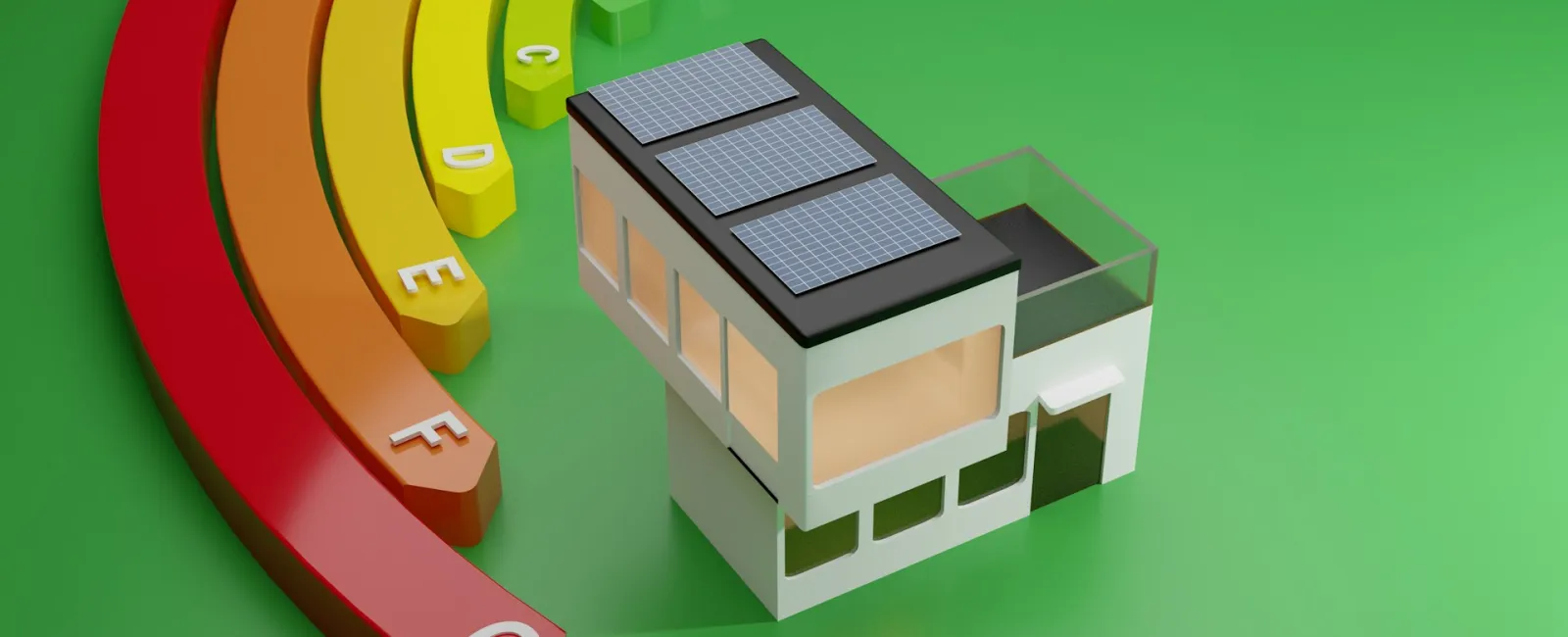 Model house with solar panels on a green background showing energy efficiency scale in colorful bands.