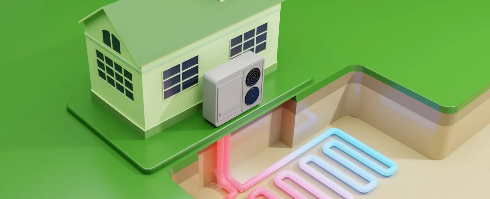 Illustration of a house with a heat pump and underground piping system, showcasing energy efficiency.