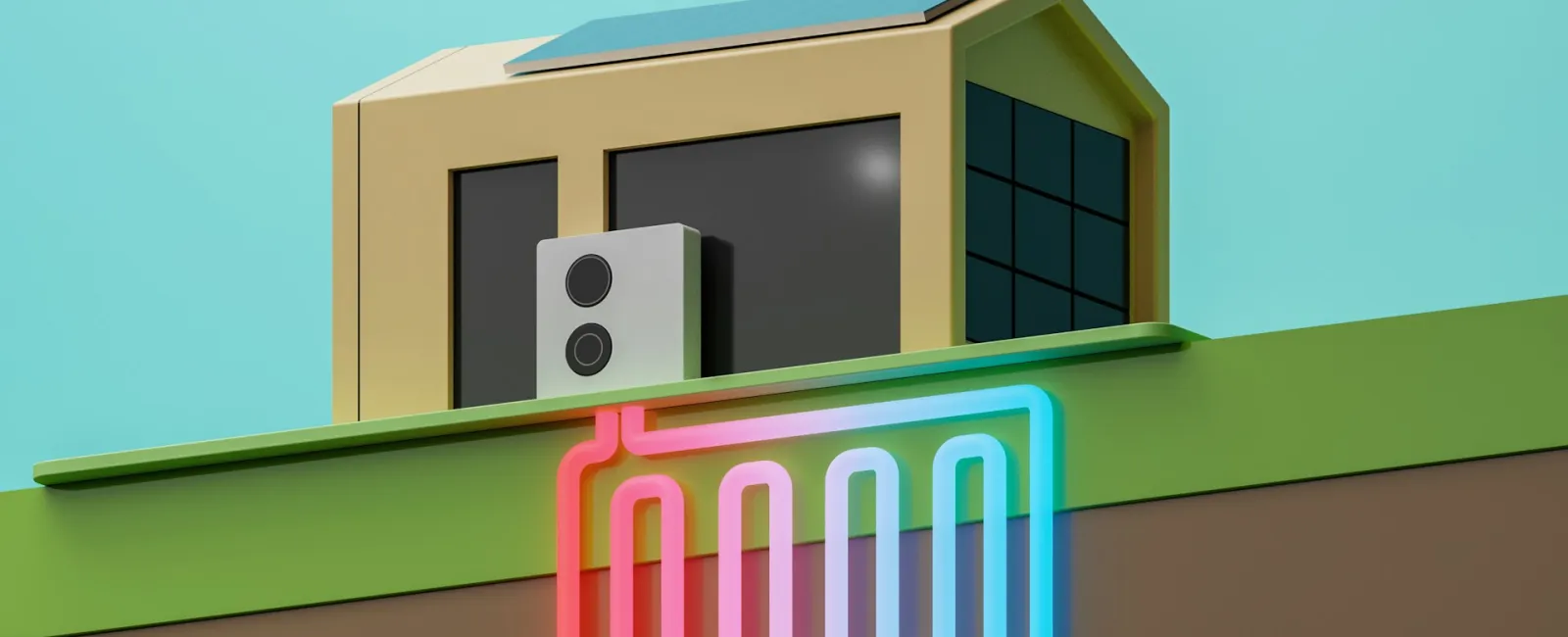 A colorful house model with solar panels and neon 'room' sign, modern design accentuating eco-friendly features.