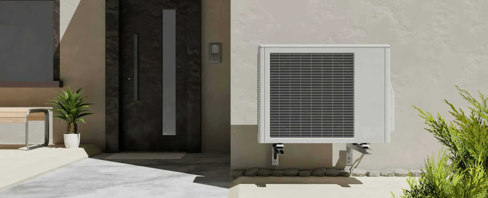 Modern air conditioning unit installed next to a stylish entrance and greenery in a contemporary setting.