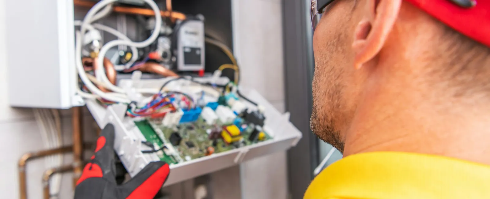 Technician inspecting a heating system with various components and wiring visible.
