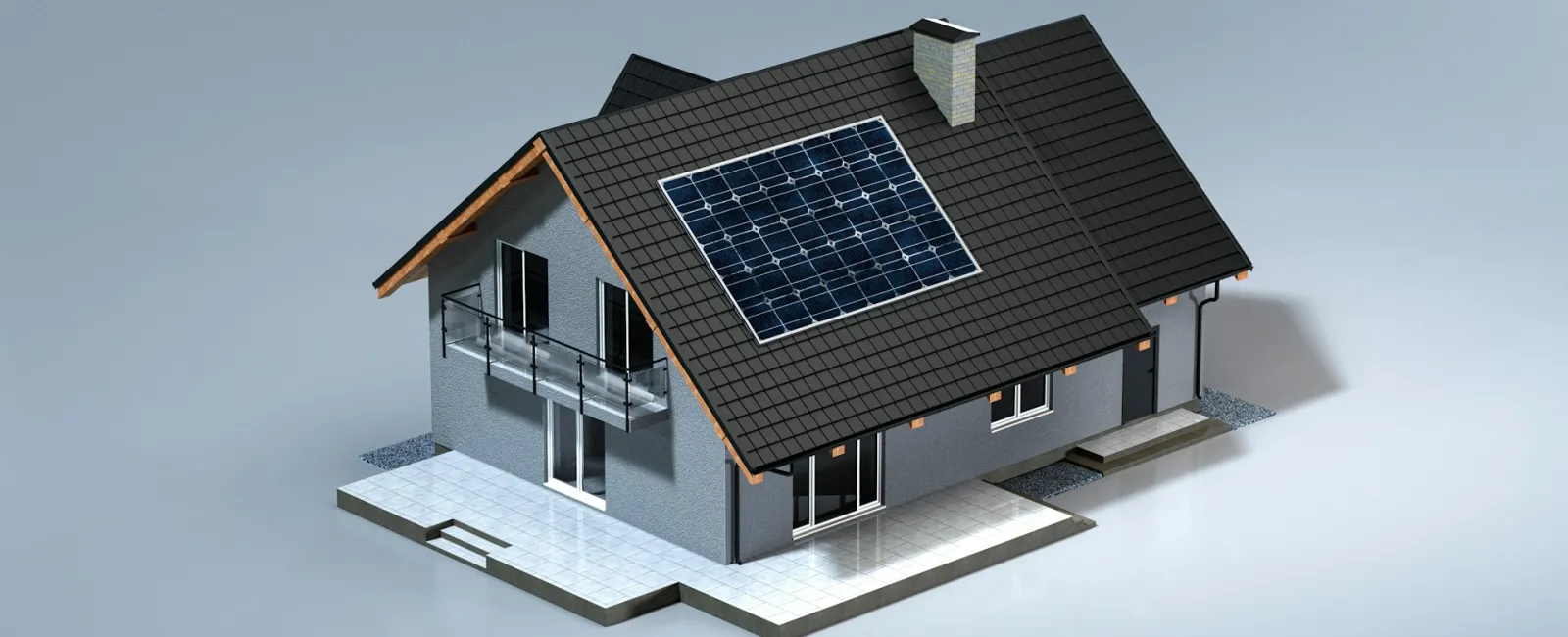 3D model of a modern house with solar panels on the roof and a sleek design.