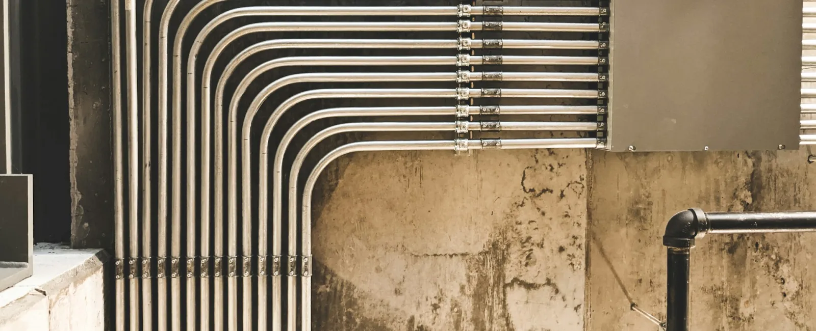 Intricate arrangement of metallic conduits and piping against a textured concrete wall.