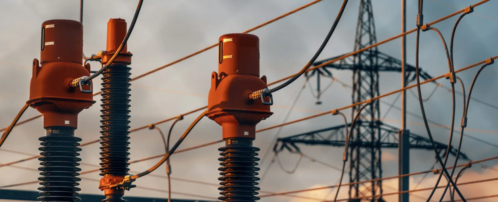 Close-up of electrical insulators against a sunset sky with power lines, showcasing energy infrastructure.