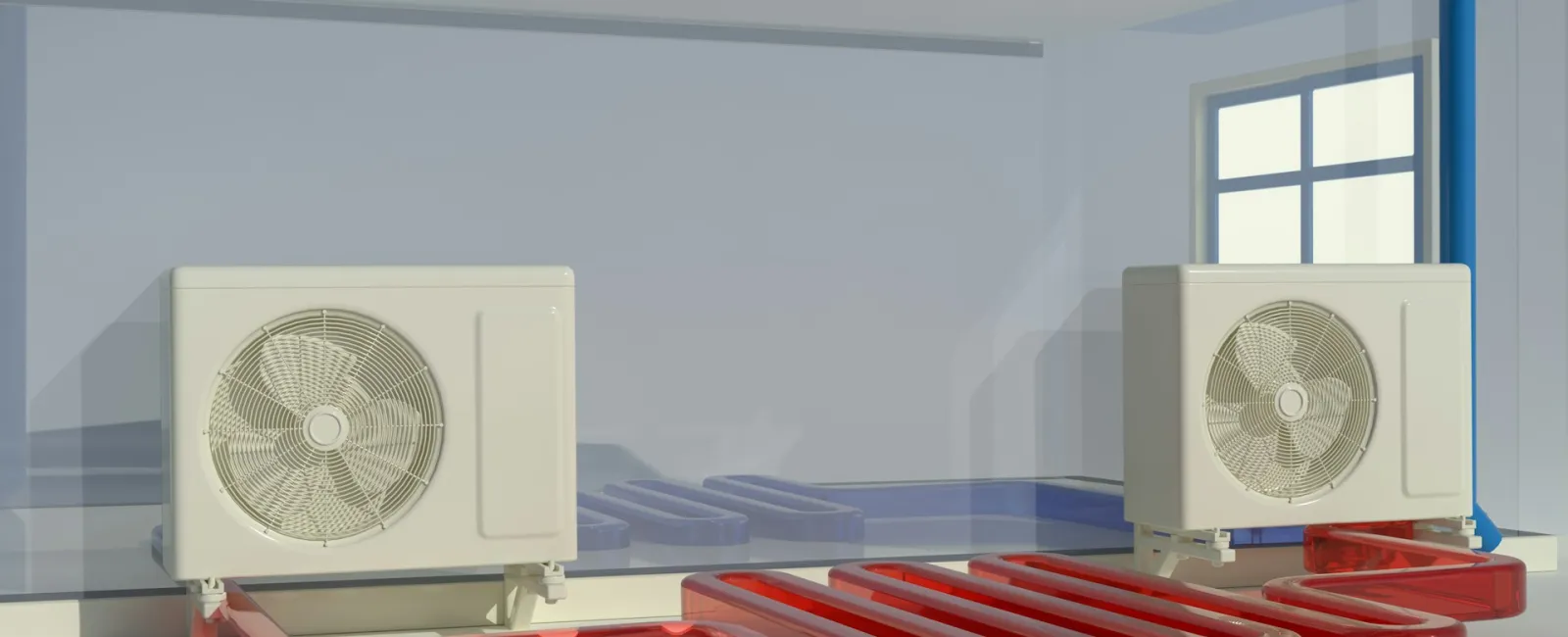 Illustration of an air conditioning system with outdoor units and ducts for efficient airflow management.
