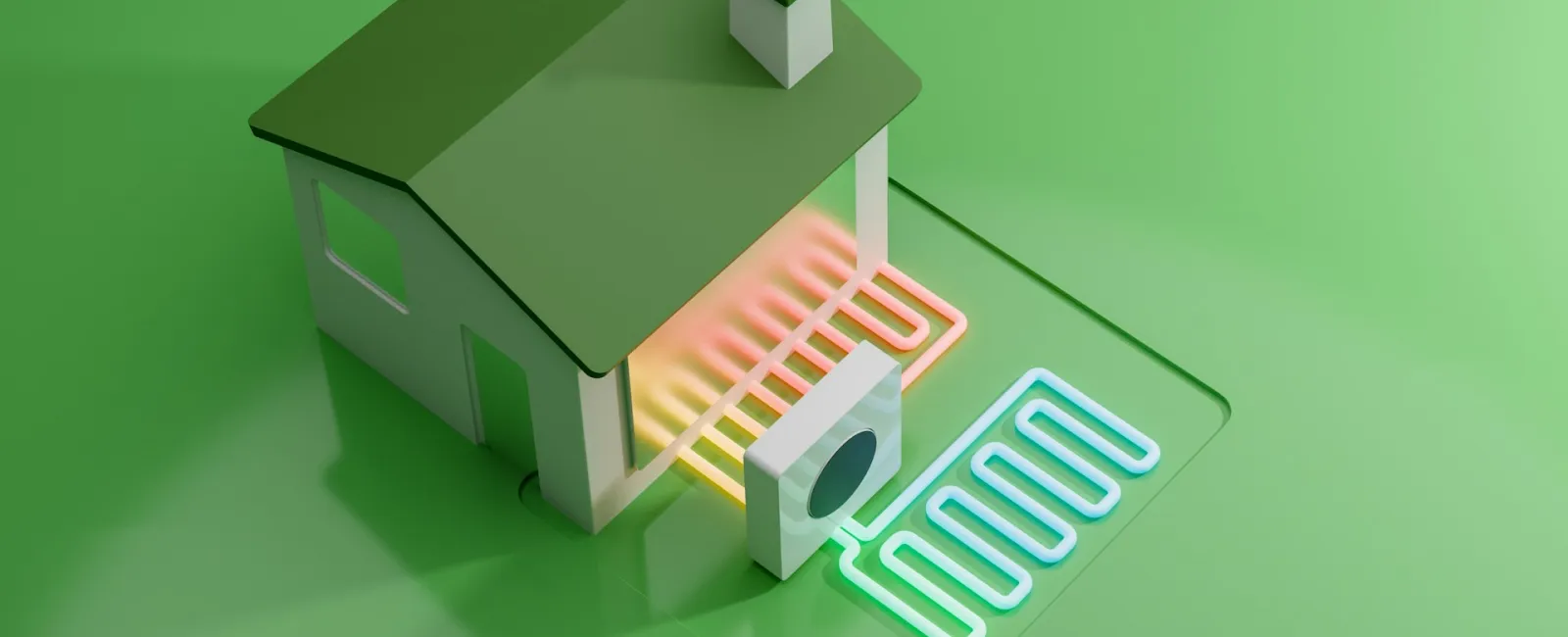 Illustration of a green house with colorful heating lines, symbolizing energy efficiency and home comfort.
