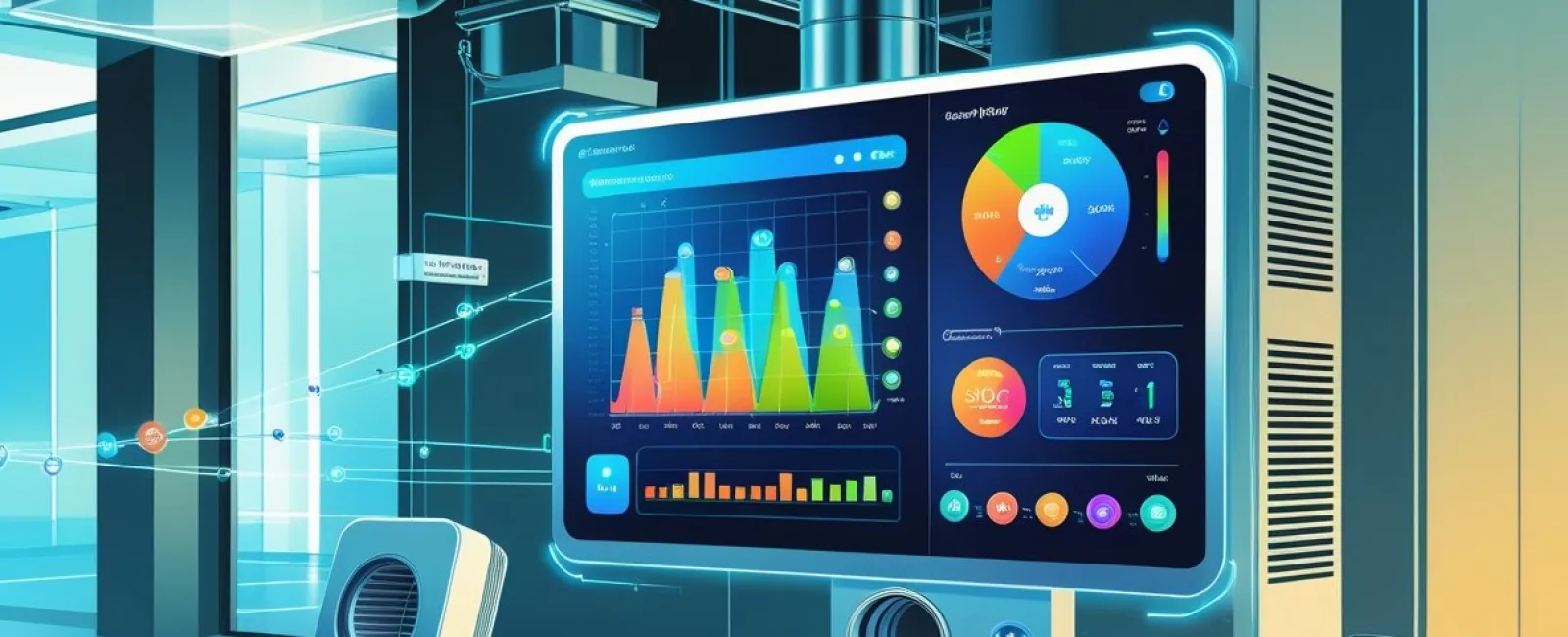 Smart HVAC system control panel with colorful graphs, charts, and temperature dashboard for efficient energy management.