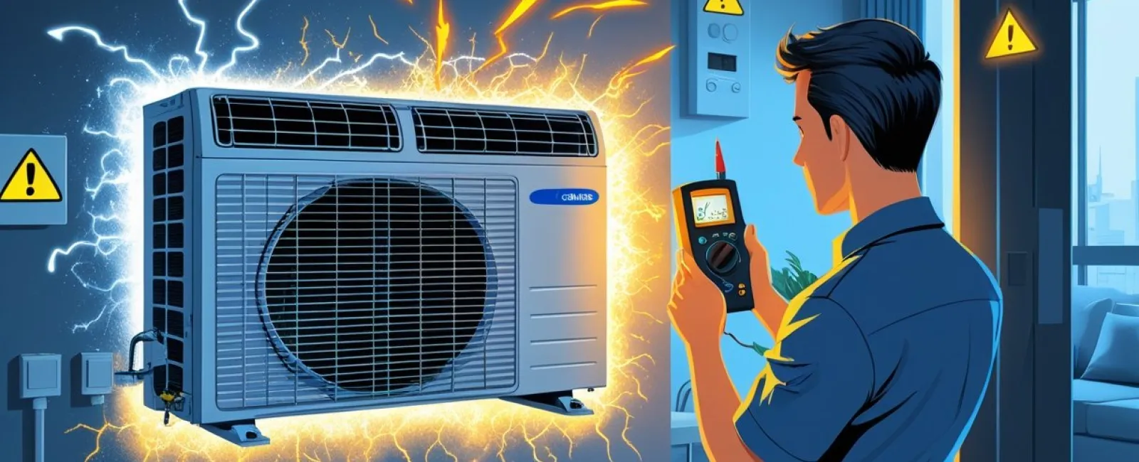 Technician using multimeter to diagnose electrical issues with sparking HVAC outdoor unit in a home setting.