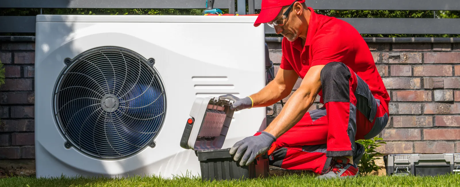 Technician in red uniform servicing outdoor HVAC unit on green lawn.