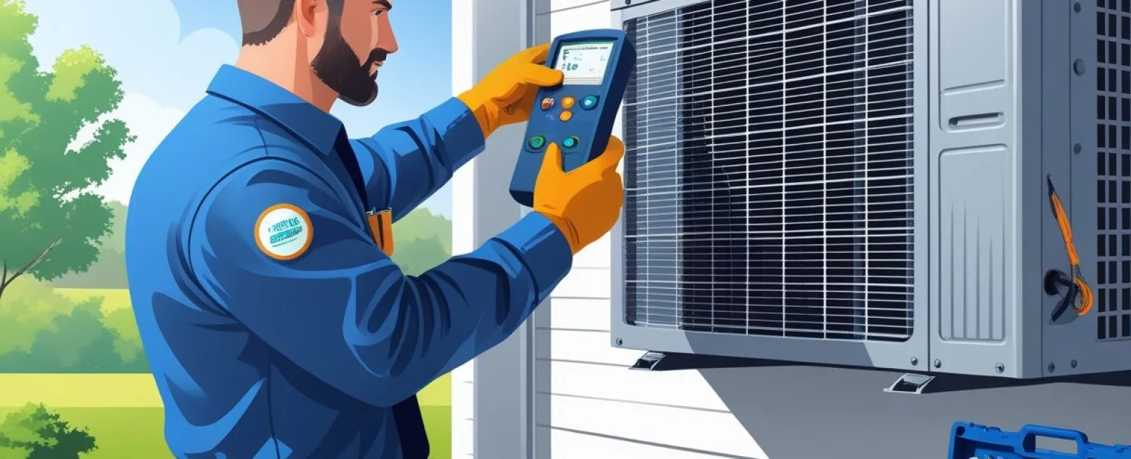 Technician in blue uniform using digital device to service an outdoor air conditioning unit on a sunny day.