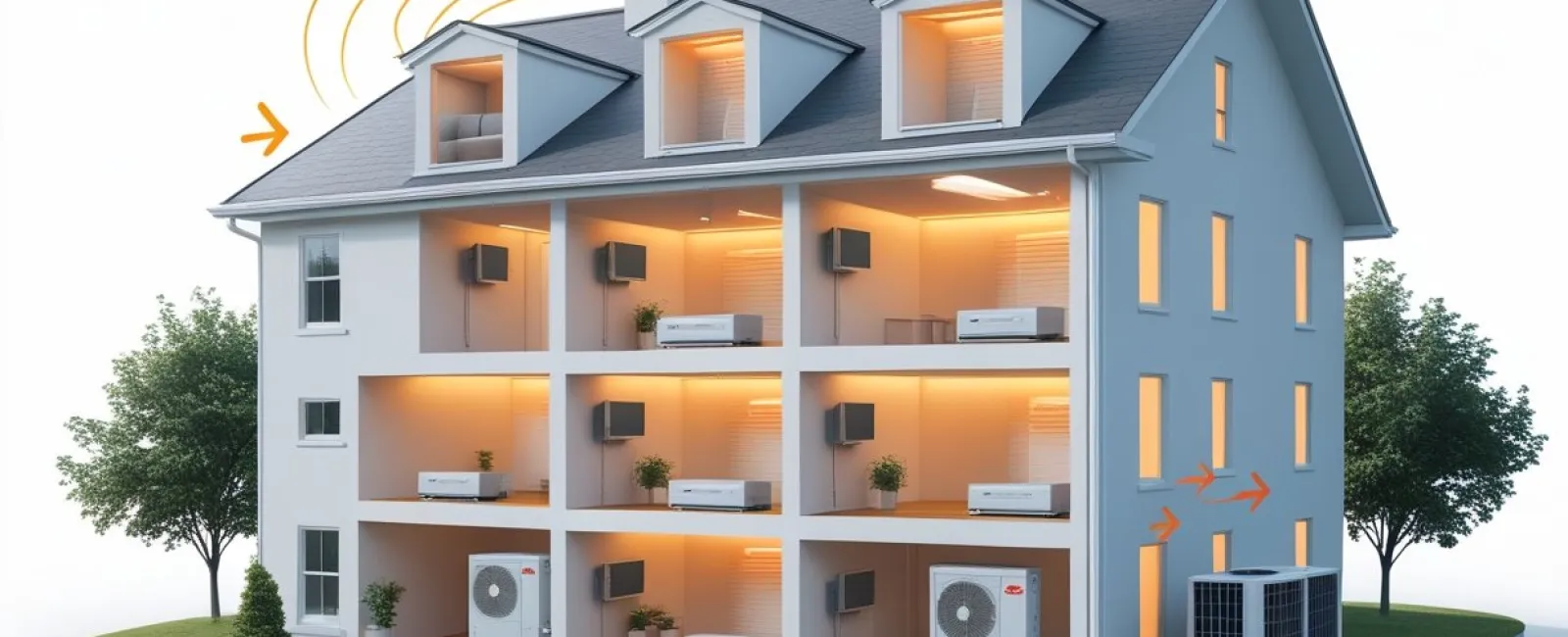 Cutaway view of house with HVAC systems and airflow arrows showing heating and ventilation setup.