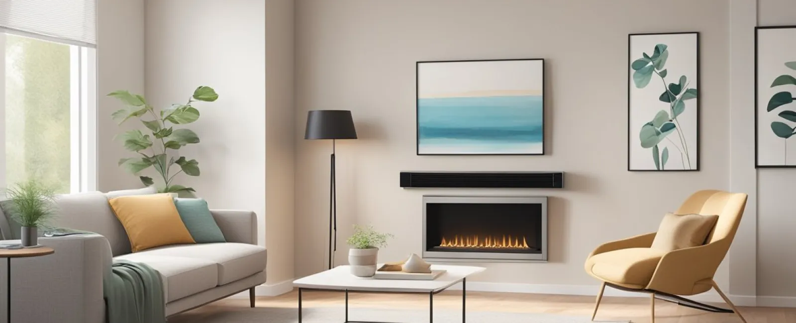 Modern living room with gray sofa, yellow chair, fireplace, coffee table, floor lamp, and botanical wall art.