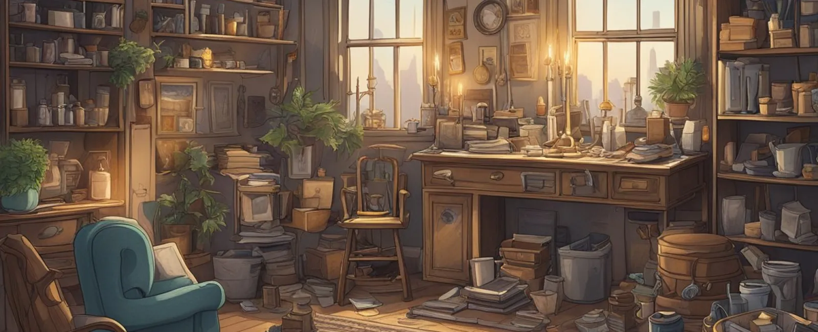 Cozy vintage study room with wooden shelves, plants, armchairs, a desk cluttered with books, candles, and a sunset view outside.