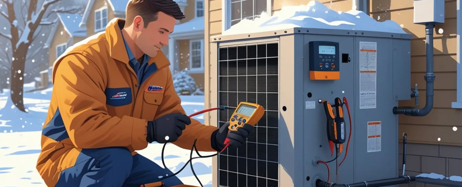 Technician in winter jacket inspecting outdoor HVAC unit using diagnostic tools in snowy residential setting.