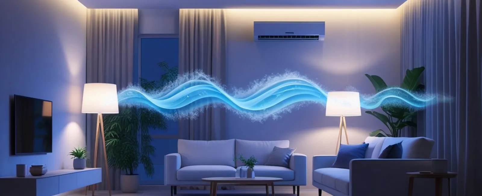 Modern living room with air conditioner emitting cool airflow visualized by blue waves over sofas and lamps.
