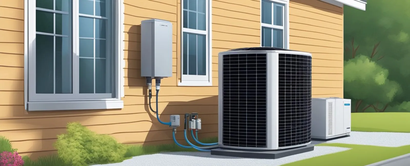 Outdoor residential HVAC unit and electrical components installed beside a yellow house with windows and lawn