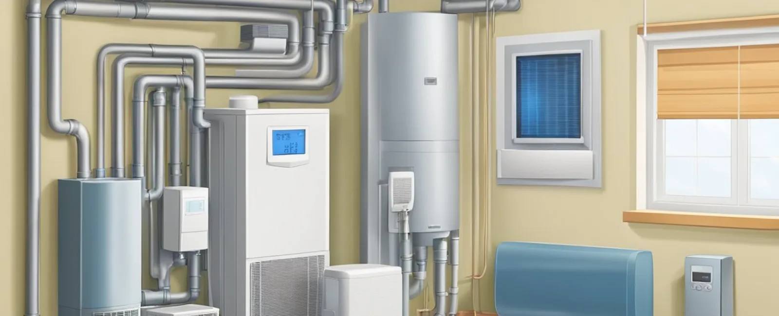 Modern heating and ventilation system with pipes, furnace, heater, and air purifier installed in a home utility room.
