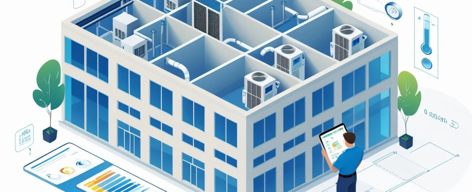 Isometric smart building with HVAC units monitored by a technician using digital controls and data analytics.