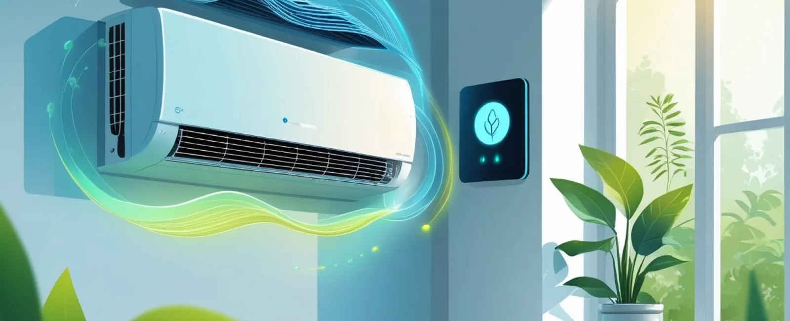 Modern air conditioner mounted on wall with digital control panel and green plants near sunny window.