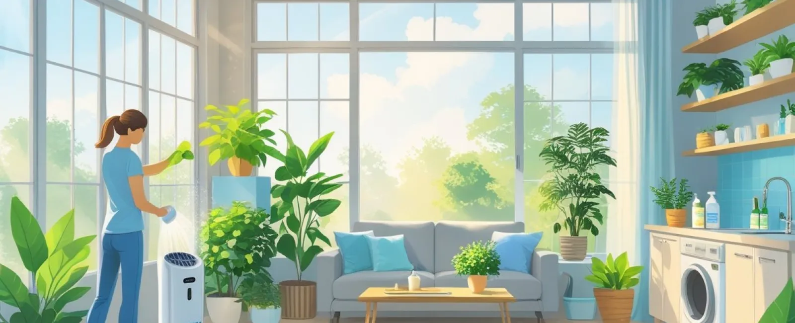 Woman watering indoor plants in bright living room with large windows, sofa, and washing machine.