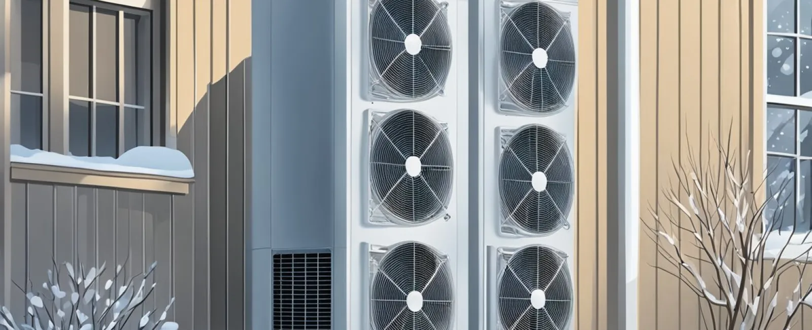 Two heat pump units with multiple fans installed outside a house in a snowy winter setting