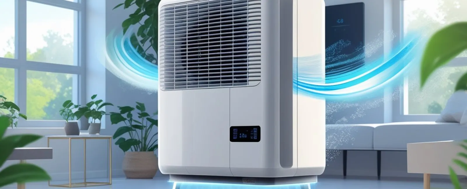 Modern air purifier in bright living room showing clean air flow and digital display