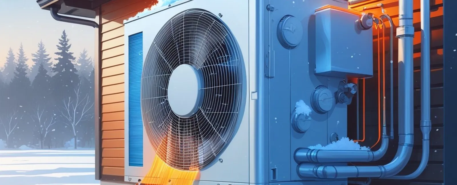 Outdoor heat pump unit blowing warm air on snow-covered ground beside a wooden cabin in winter