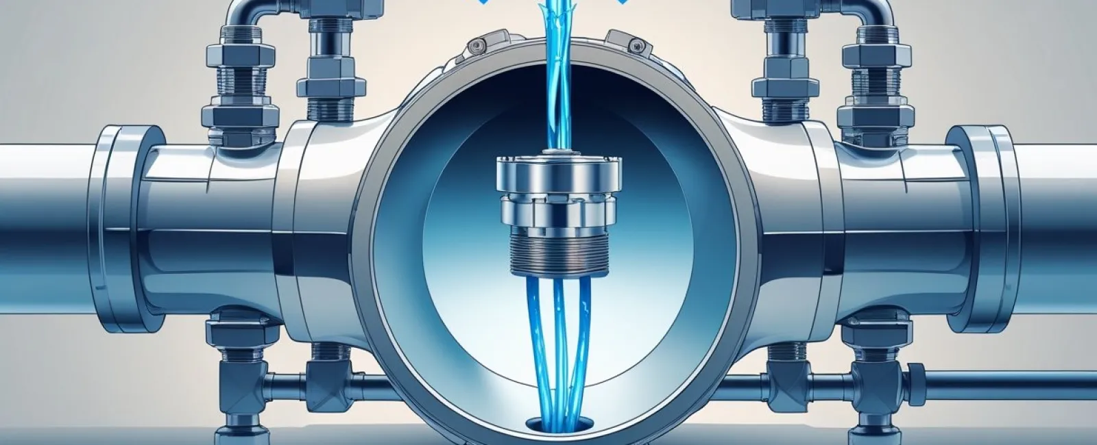 Detailed illustration of water flowing through an industrial metal valve with directional arrows showing flow path.