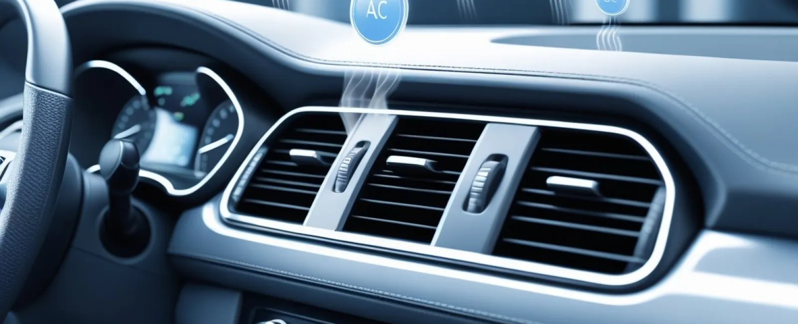Car dashboard with air conditioning vents and cool air icons indicating AC flow in a modern vehicle interior