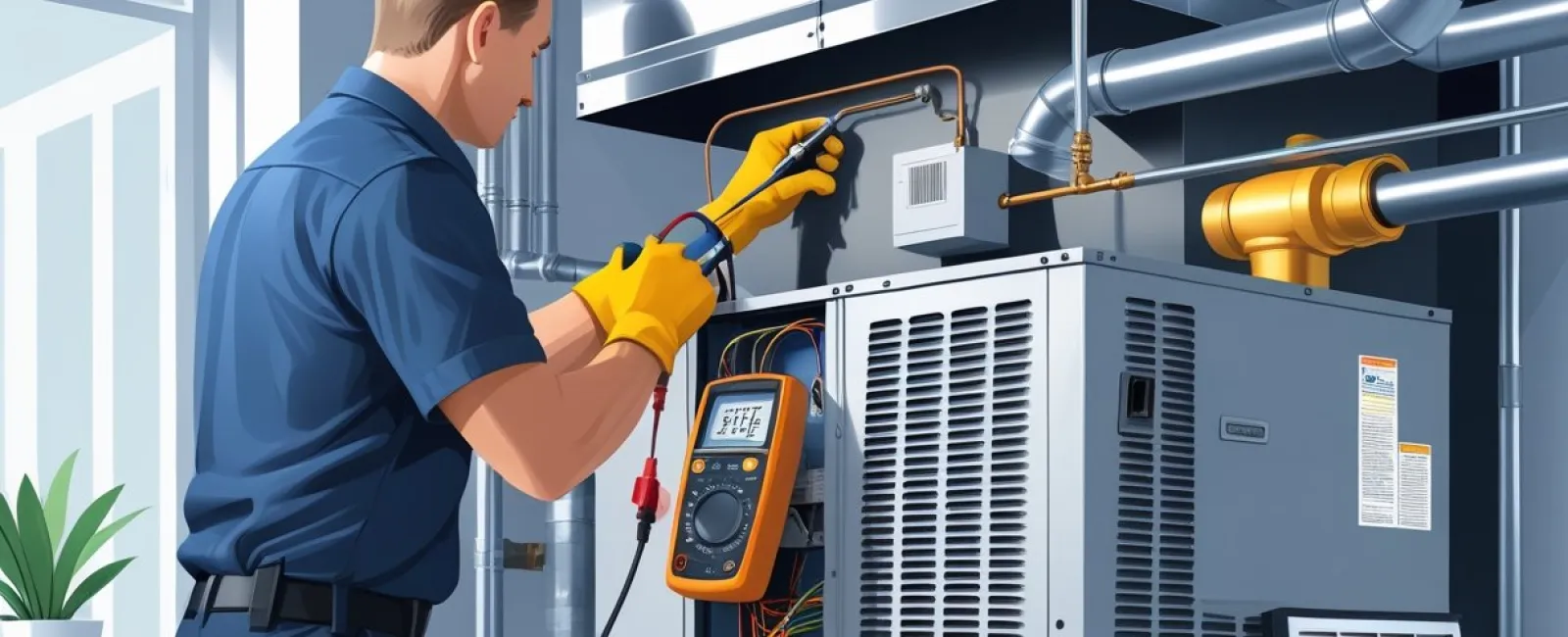 Technician in gloves checking HVAC system using a multimeter in a modern indoor setting with natural light