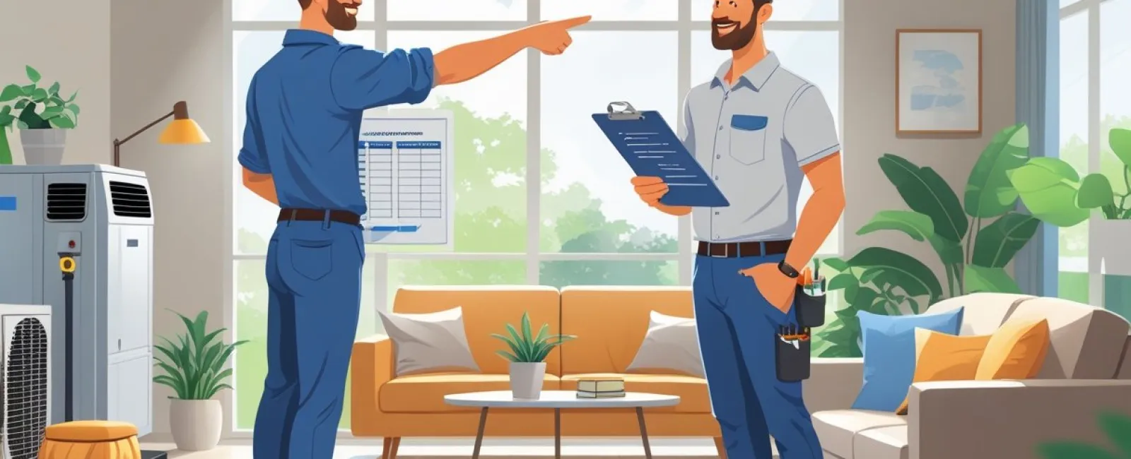 Technician and homeowner discussing air conditioner service in modern living room with plants and large windows