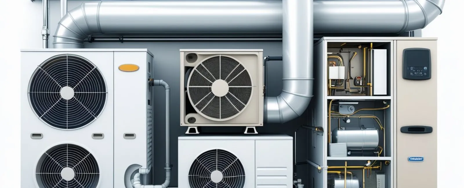 Industrial HVAC system with large ventilation ducts, multiple air conditioning units, and exposed mechanical components.