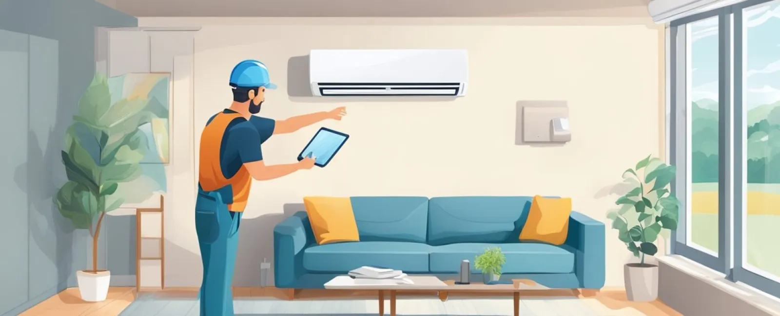 Technician in helmet and vest inspecting wall-mounted air conditioner in modern living room with sofa and large windows.