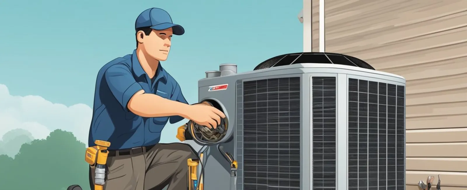 Technician in blue uniform repairing a large outdoor air conditioning unit with tools and equipment nearby