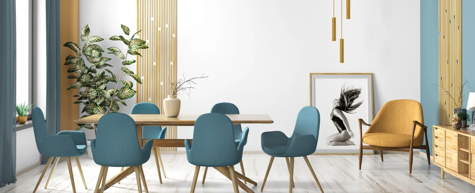 Modern dining room with blue chairs, wooden table, indoor plants, art piece, and mustard armchair on light wood floor.