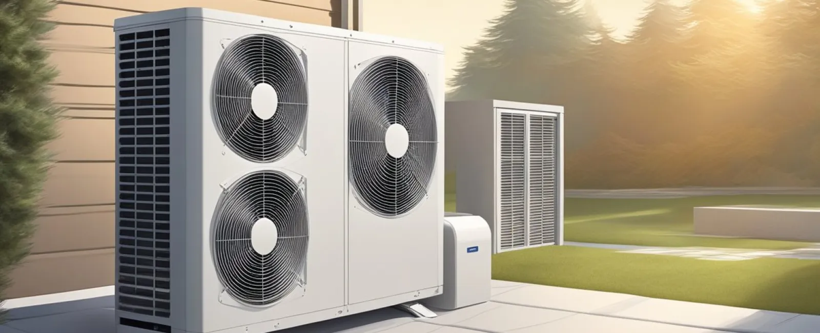 Outdoor air conditioning unit with three large fans installed beside a house on a sunny day.